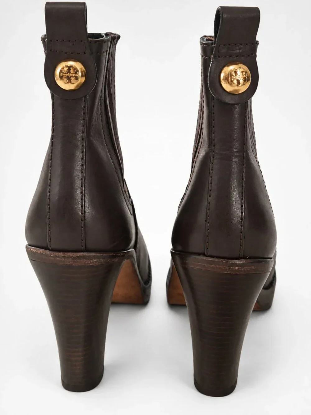 Tory Burch Bristol Brown Leather Ankle Boots Booties Gold Logo Women’s 7M